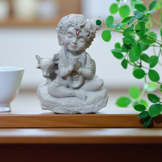 Nook & Nettle Handcrafted Cute White Bal Krishna Ji Cow Statue