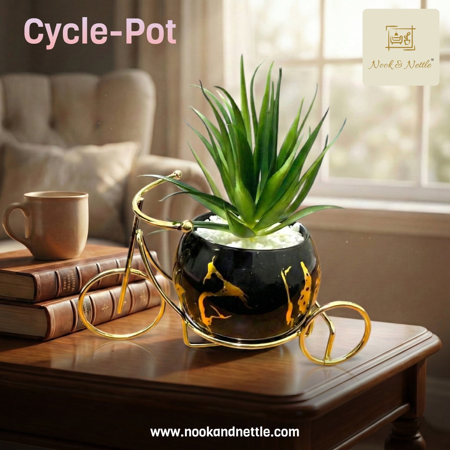 N&N Bicycle Planter Table Décor – Black & Gold Finish