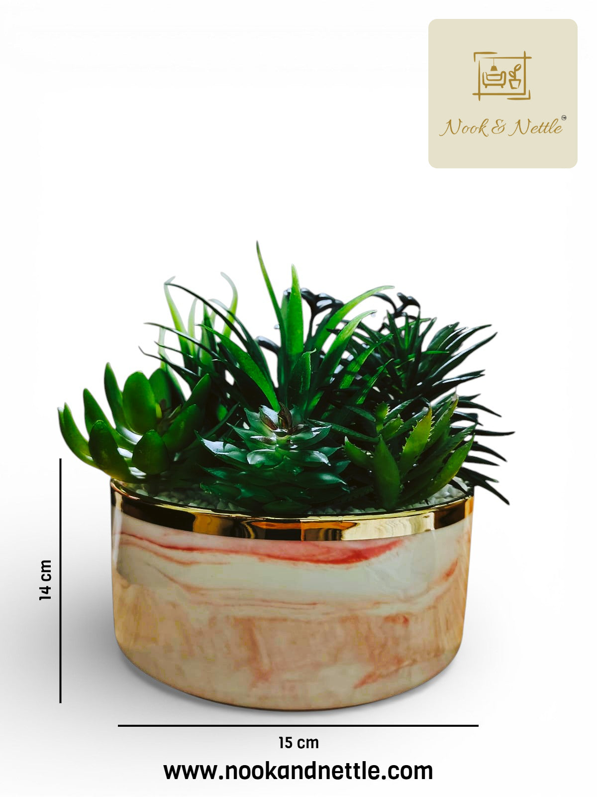 N&N Artificial Succulent Plant with Marble Finish Pot – Elegant Tabletop Décor