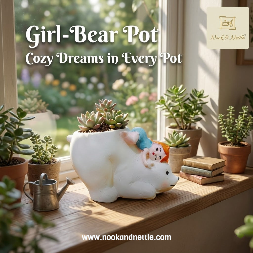 N&N Handcrafted Baby Girl on Bear Planter Pot for Home & Office Décor
