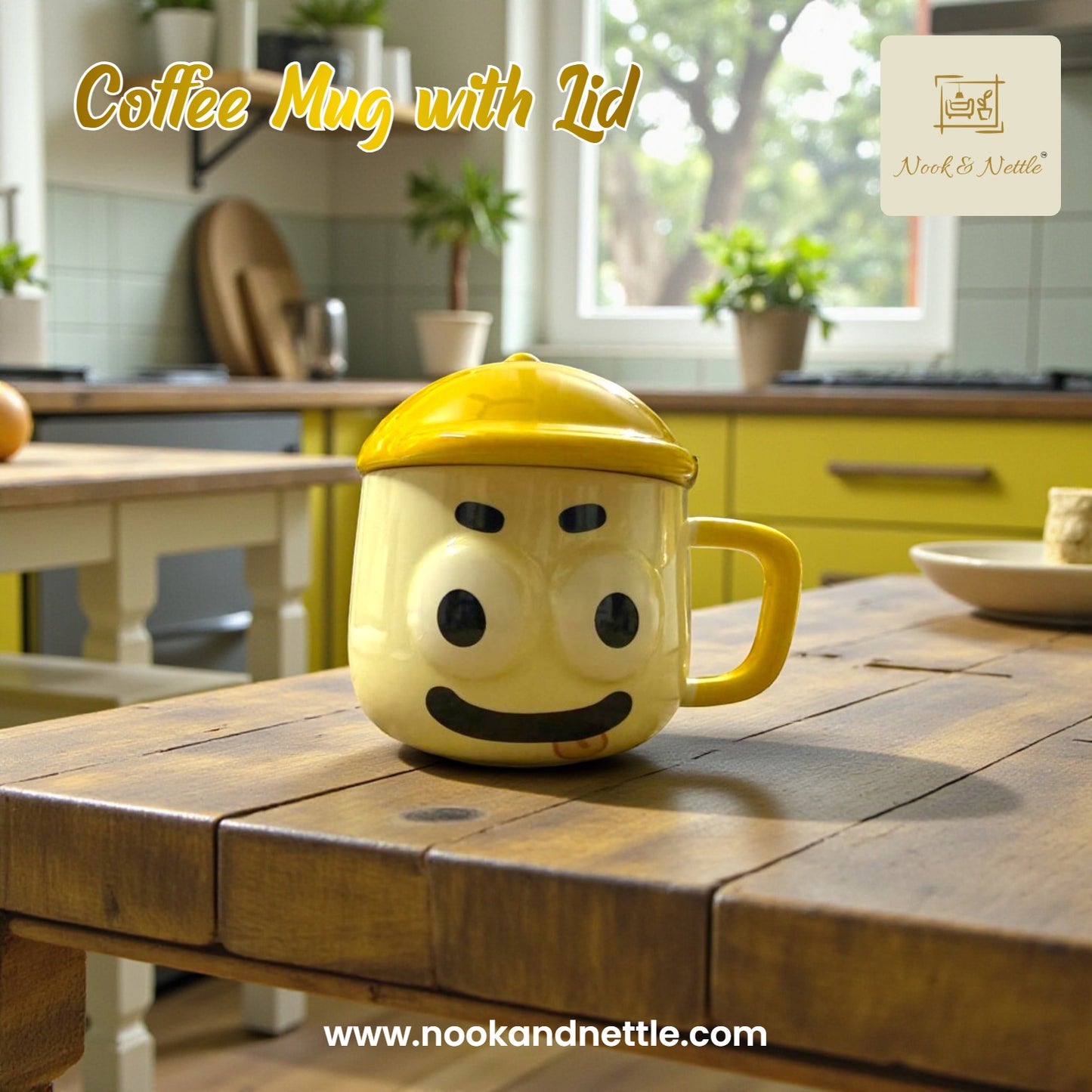 N&N Smiley Face Ceramic Mug with Lid – Fun Yellow Coffee Cup