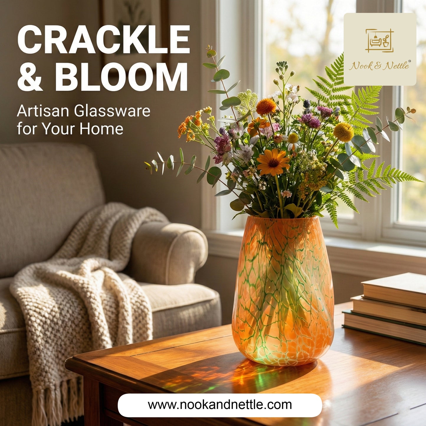 N&N Crackle Finish Glass Vase – Elegant Peach Decorative Vase