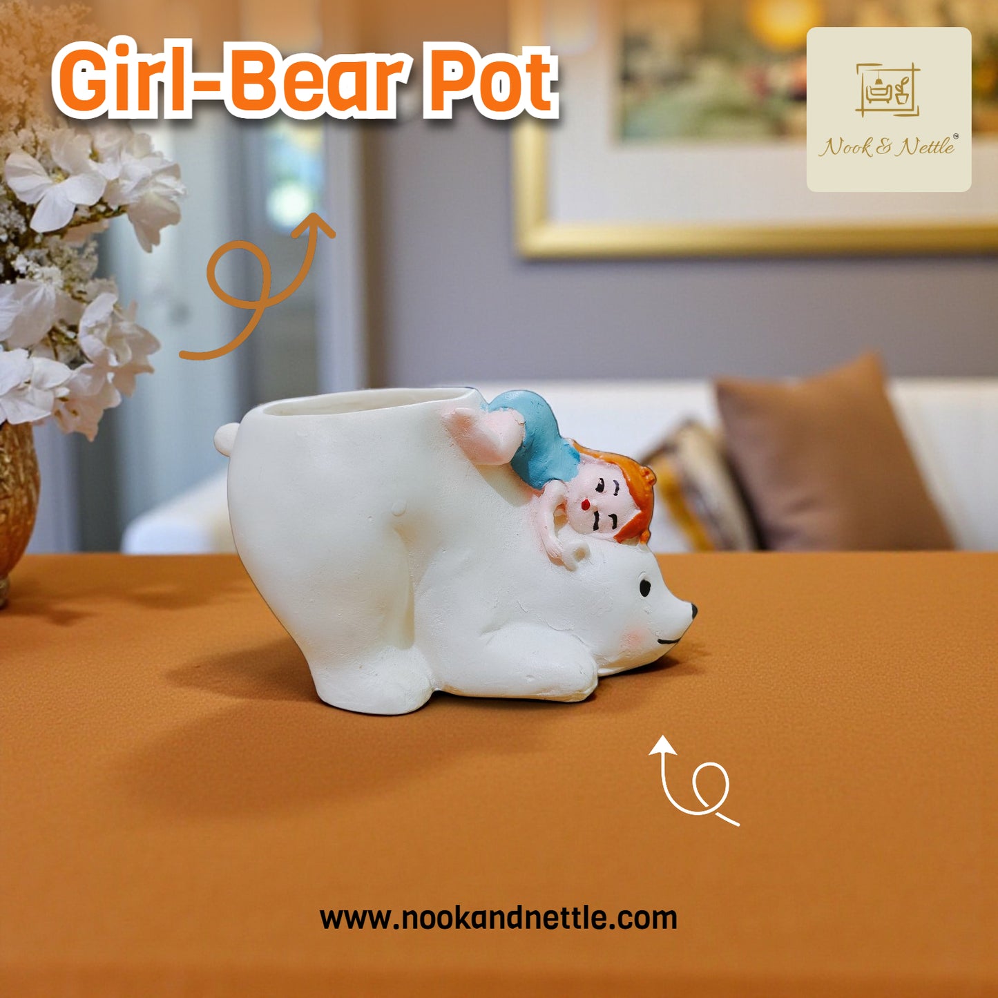 N&N Handcrafted Baby Girl on Bear Planter Pot for Home & Office Décor