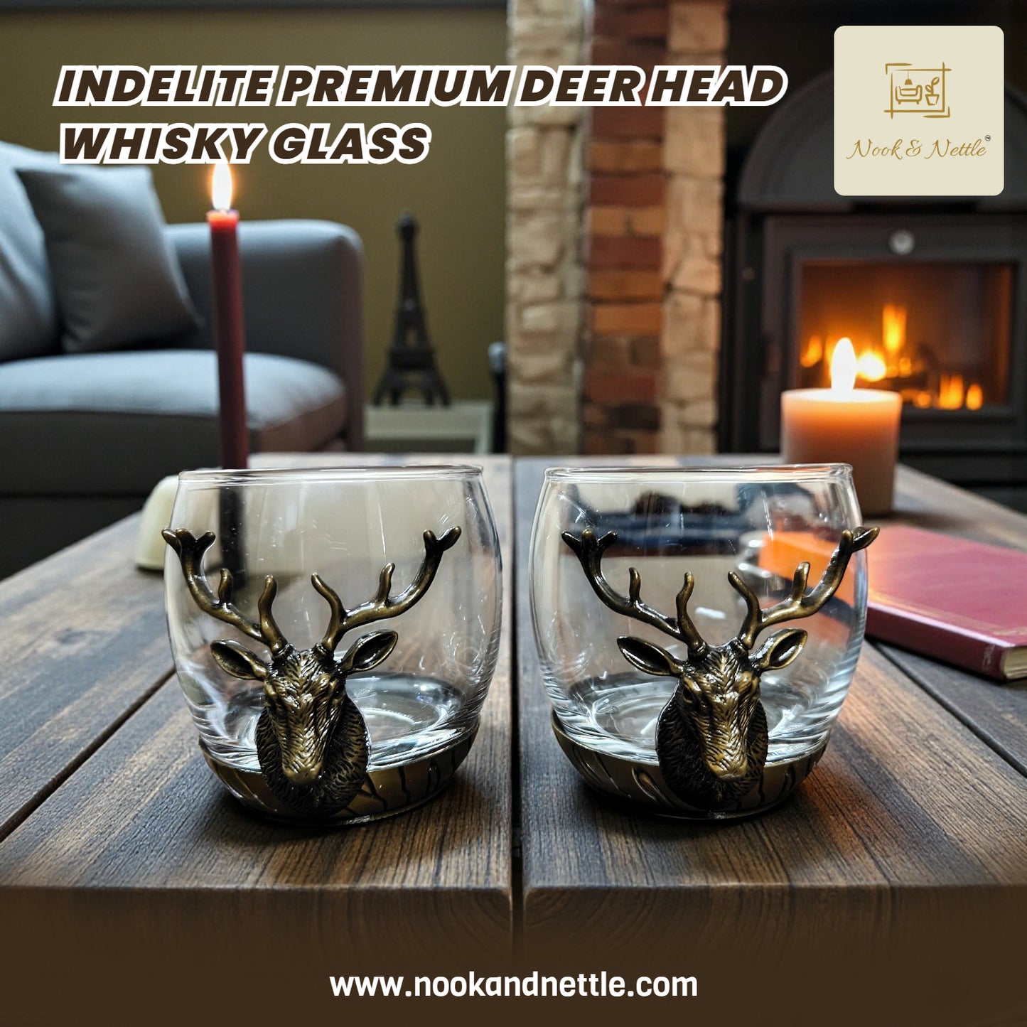 N&N Deer Head Whiskey Glass Set – Antique Gold Accent