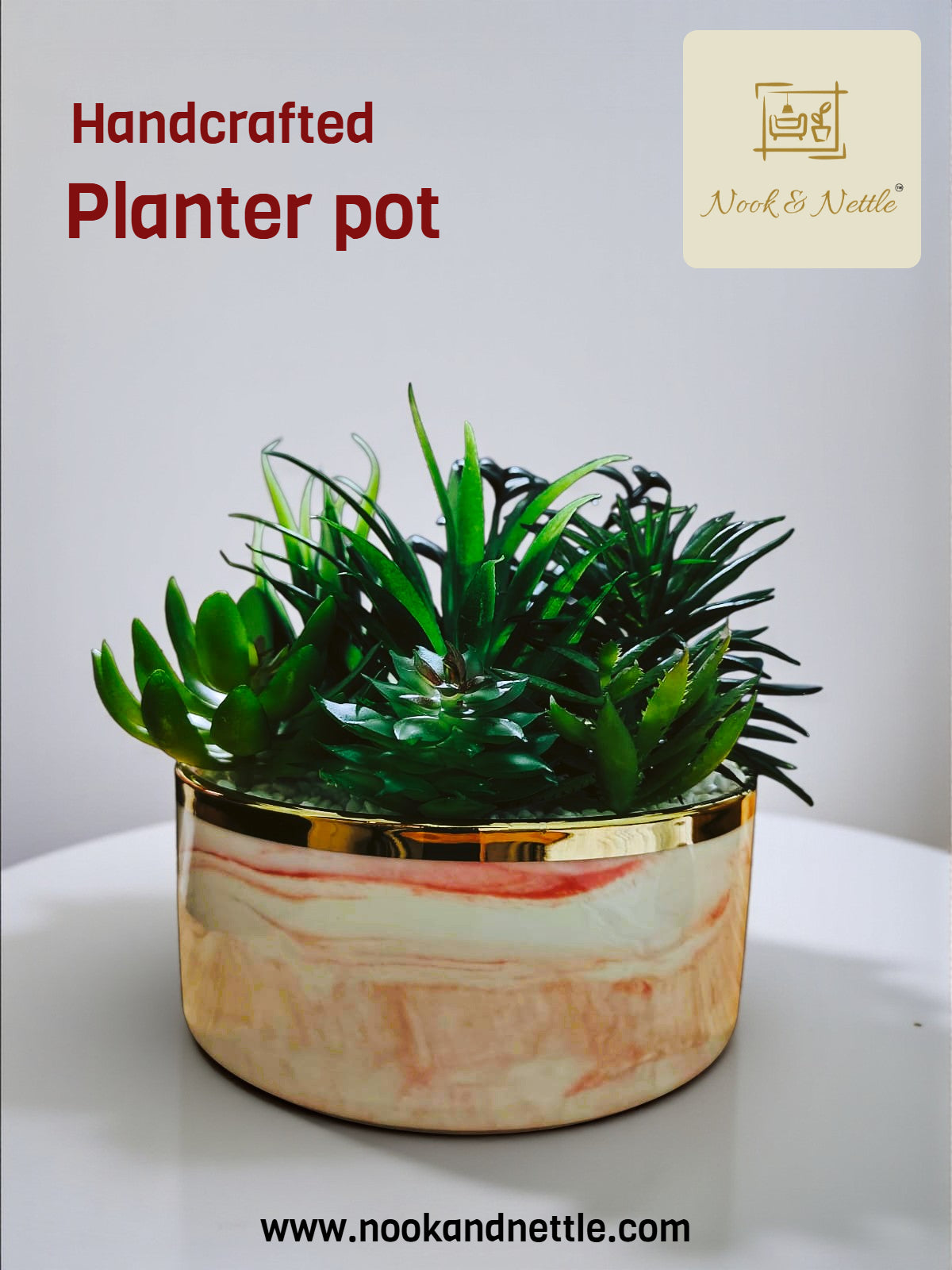 N&N Artificial Succulent Plant with Marble Finish Pot – Elegant Tabletop Décor