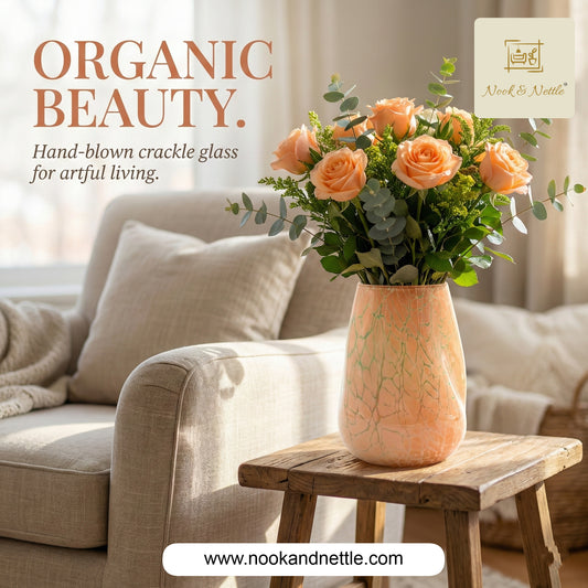 N&N Crackle Finish Glass Vase – Elegant Peach Decorative Vase