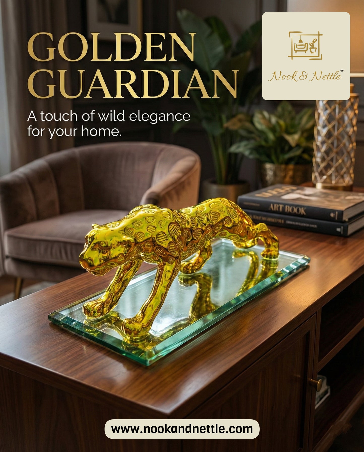 N&N Golden Jaguar Decorative Showpiece – Luxury Glass Base Accent