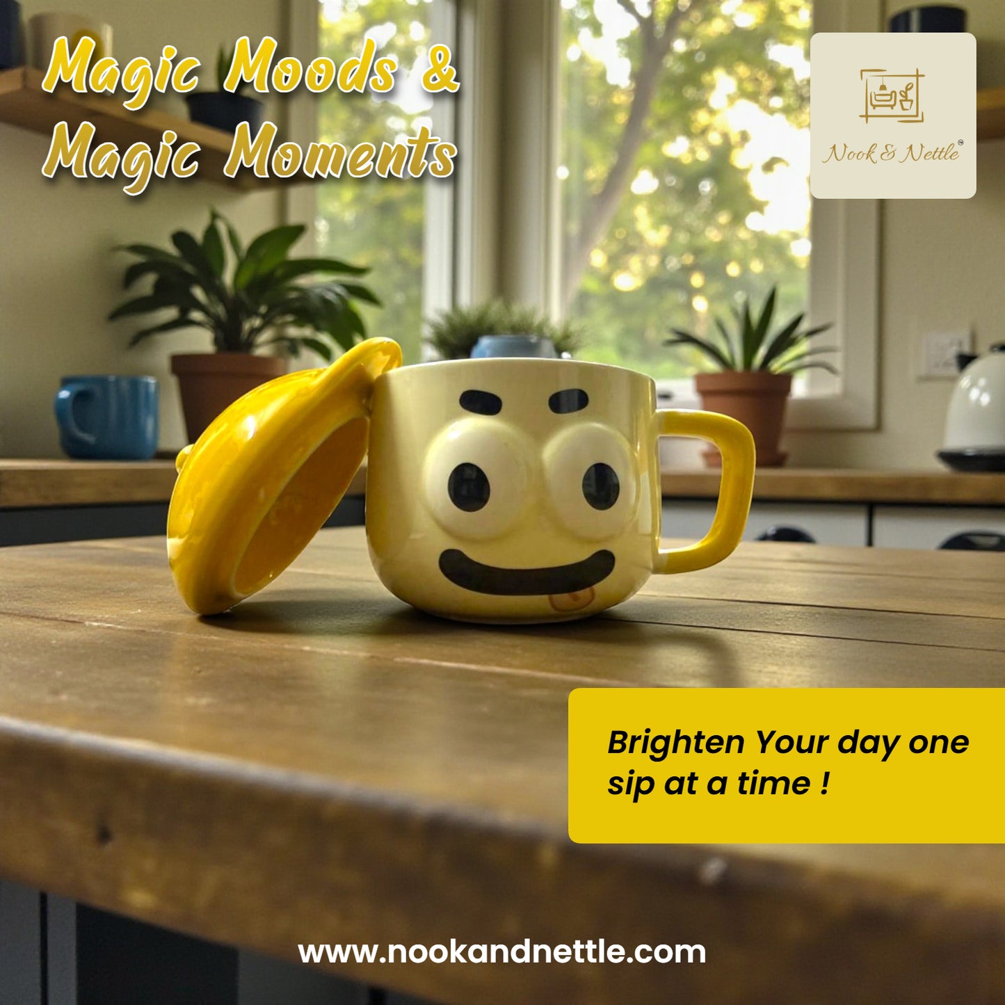 N&N Smiley Face Ceramic Mug with Lid – Fun Yellow Coffee Cup