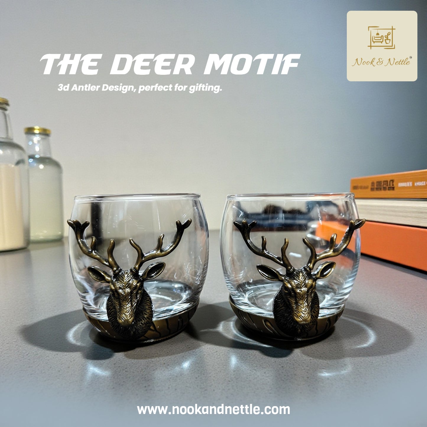 N&N Deer Head Whiskey Glass Set – Antique Gold Accent