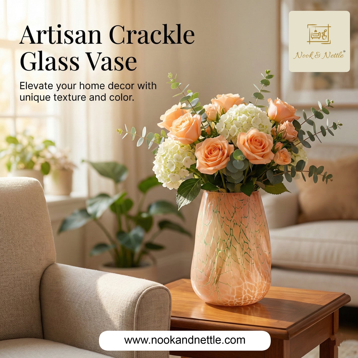 N&N Crackle Finish Glass Vase – Elegant Peach Decorative Vase