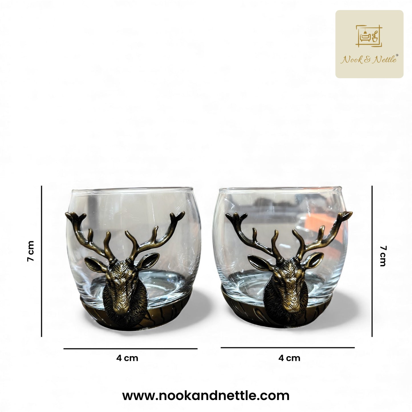 N&N Deer Head Whiskey Glass Set – Antique Gold Accent
